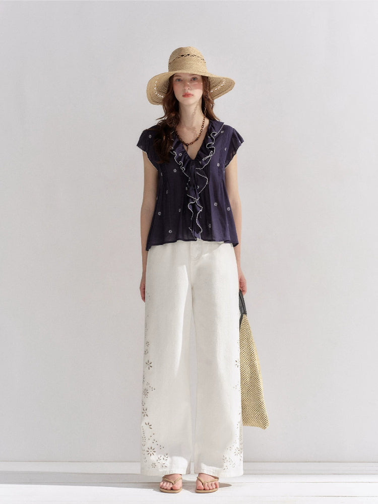 Embroidered Wide-Leg Jeans
