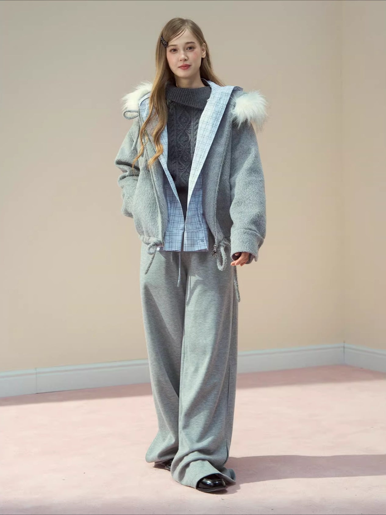 Checked Waist Wool Straight-Leg Pants