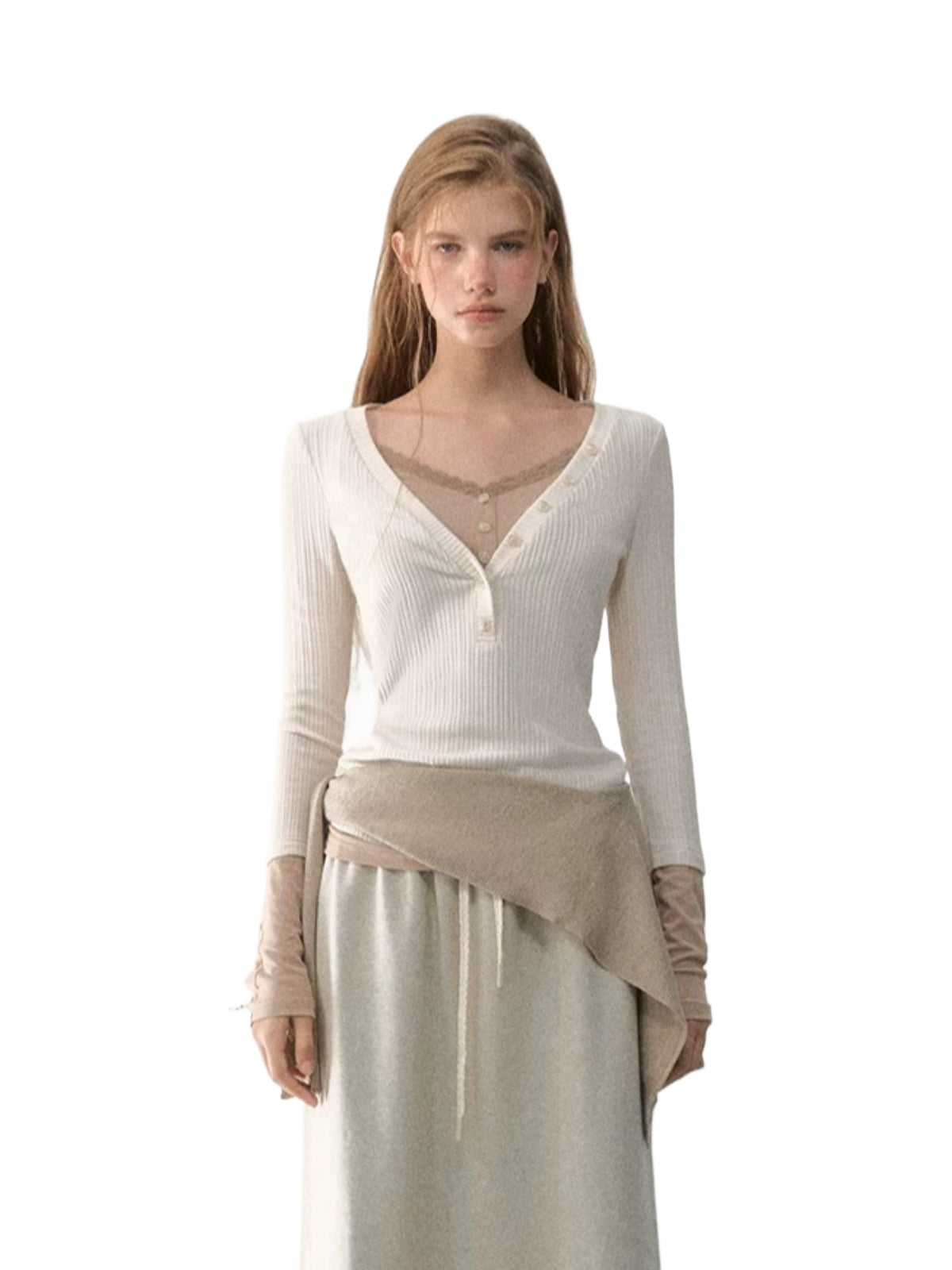 Layered V-Neck Ribbed Knit Top