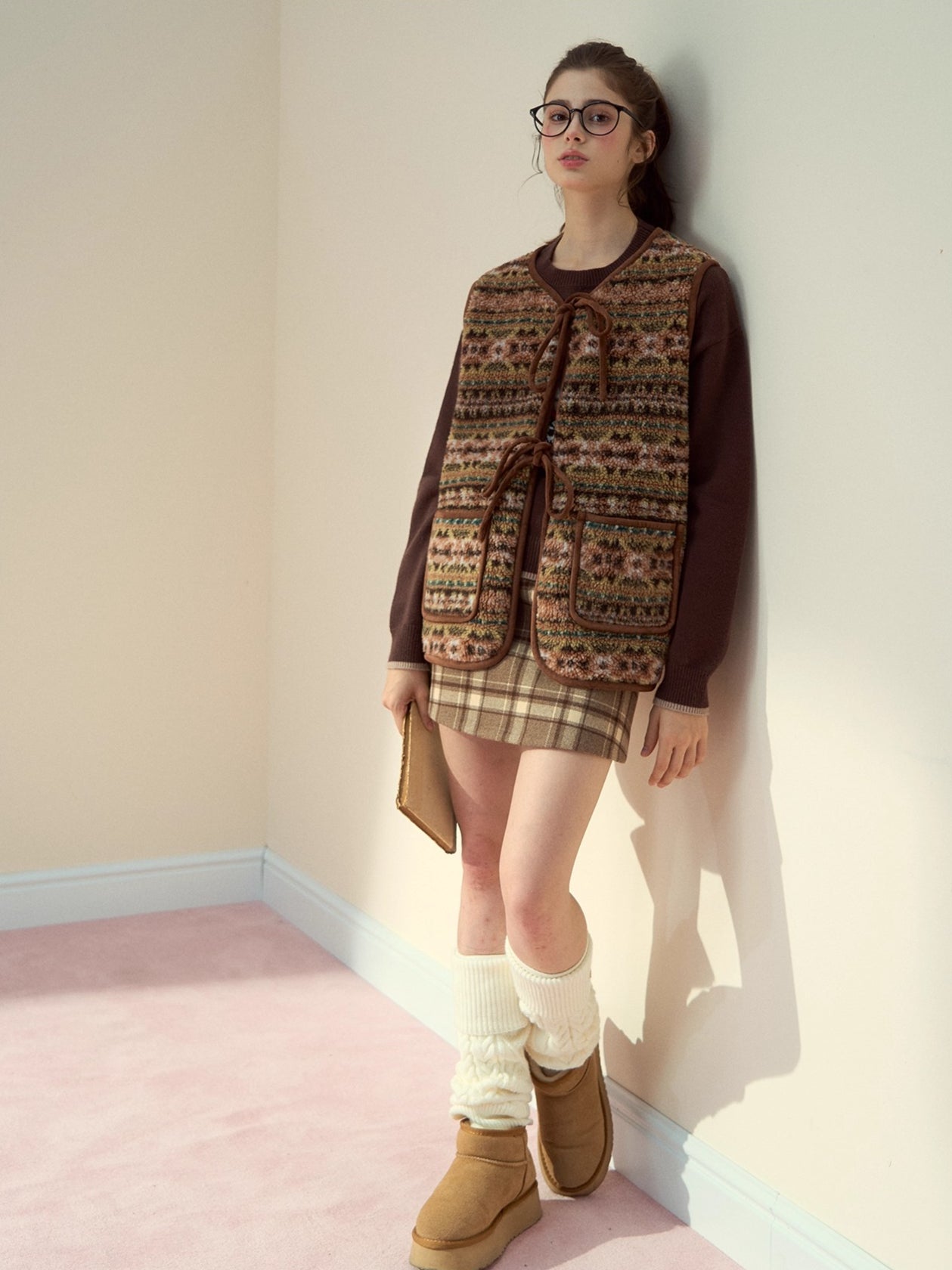 Pink & Brown Plaid A-line Wool Skirt