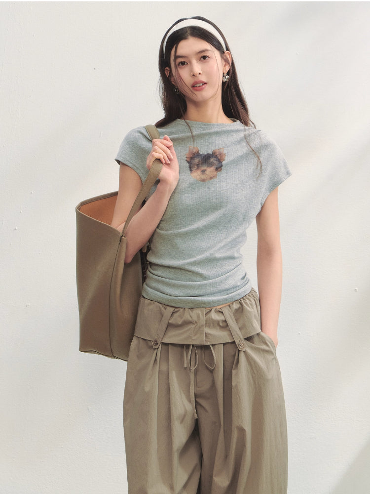 Elastic Pleated Crew Neck T-shirt