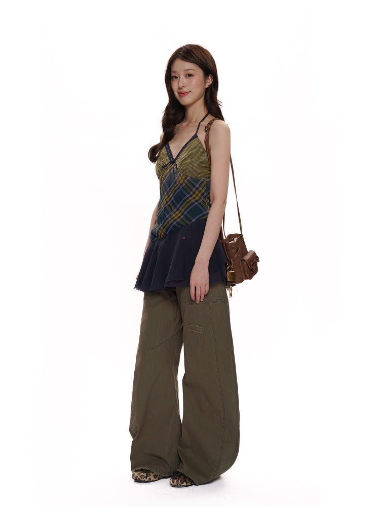Vintage Double-Layer Cotton Plaid Cami Dress