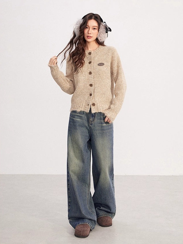 Khaki Tweed Chunky Knit Cardigan