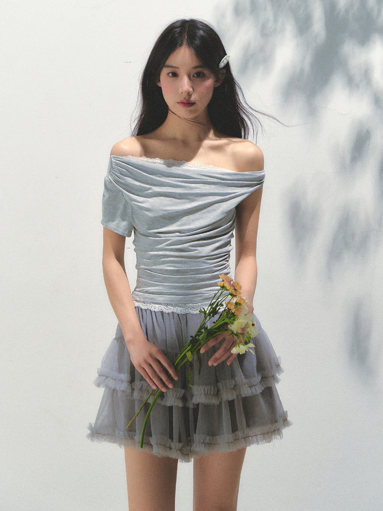 Grey Mesh Tiered A-Line Skirt