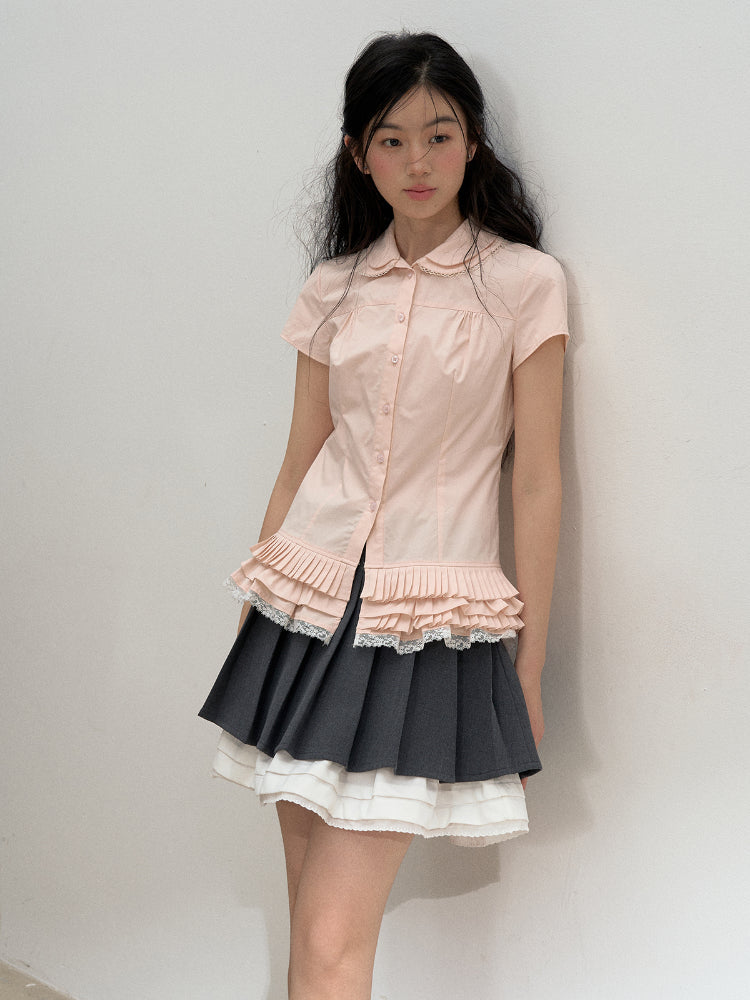 Pink Embroidered Collar Lace Shirt