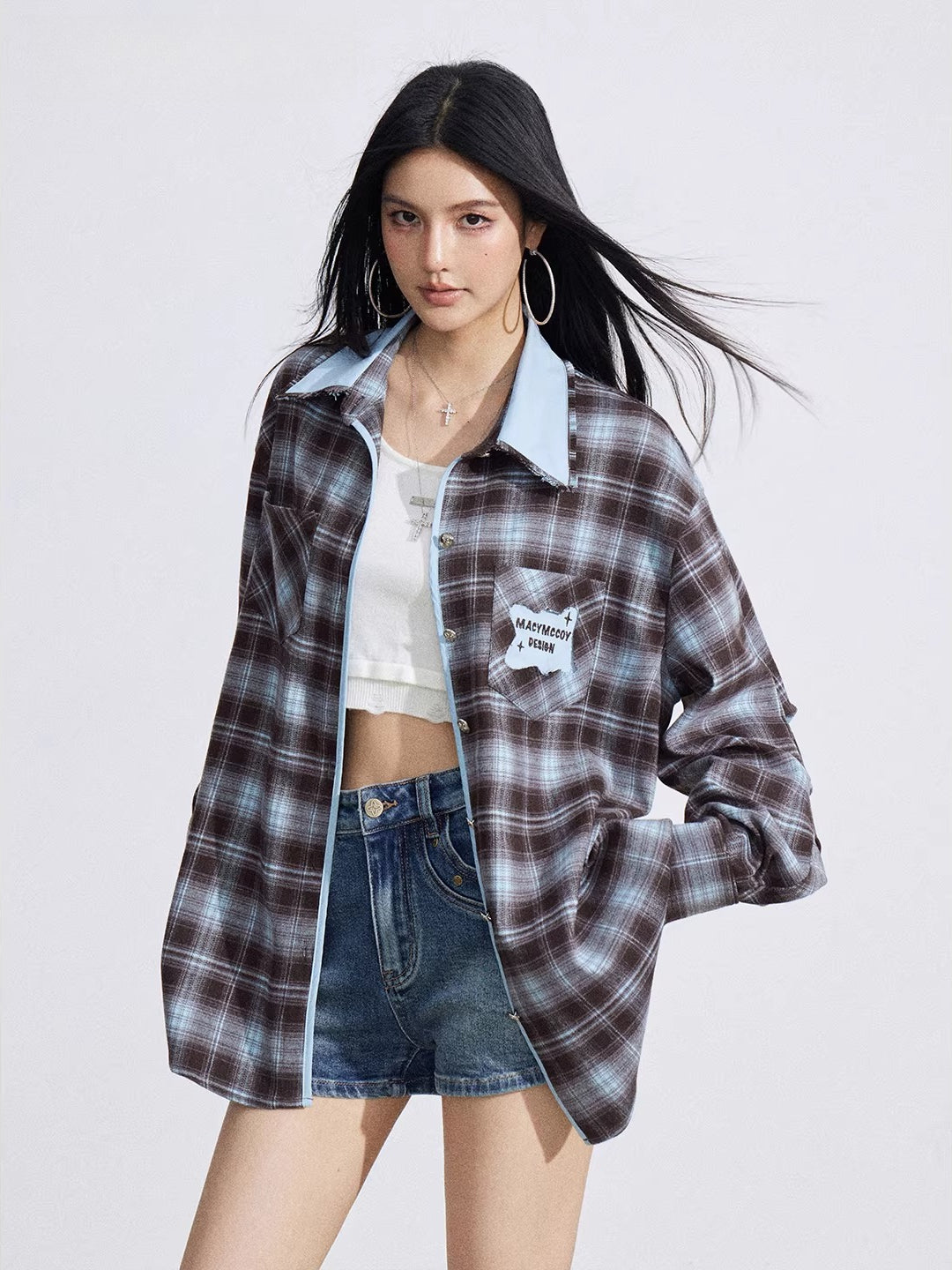 Contrast Plaid Embroidered Shirt