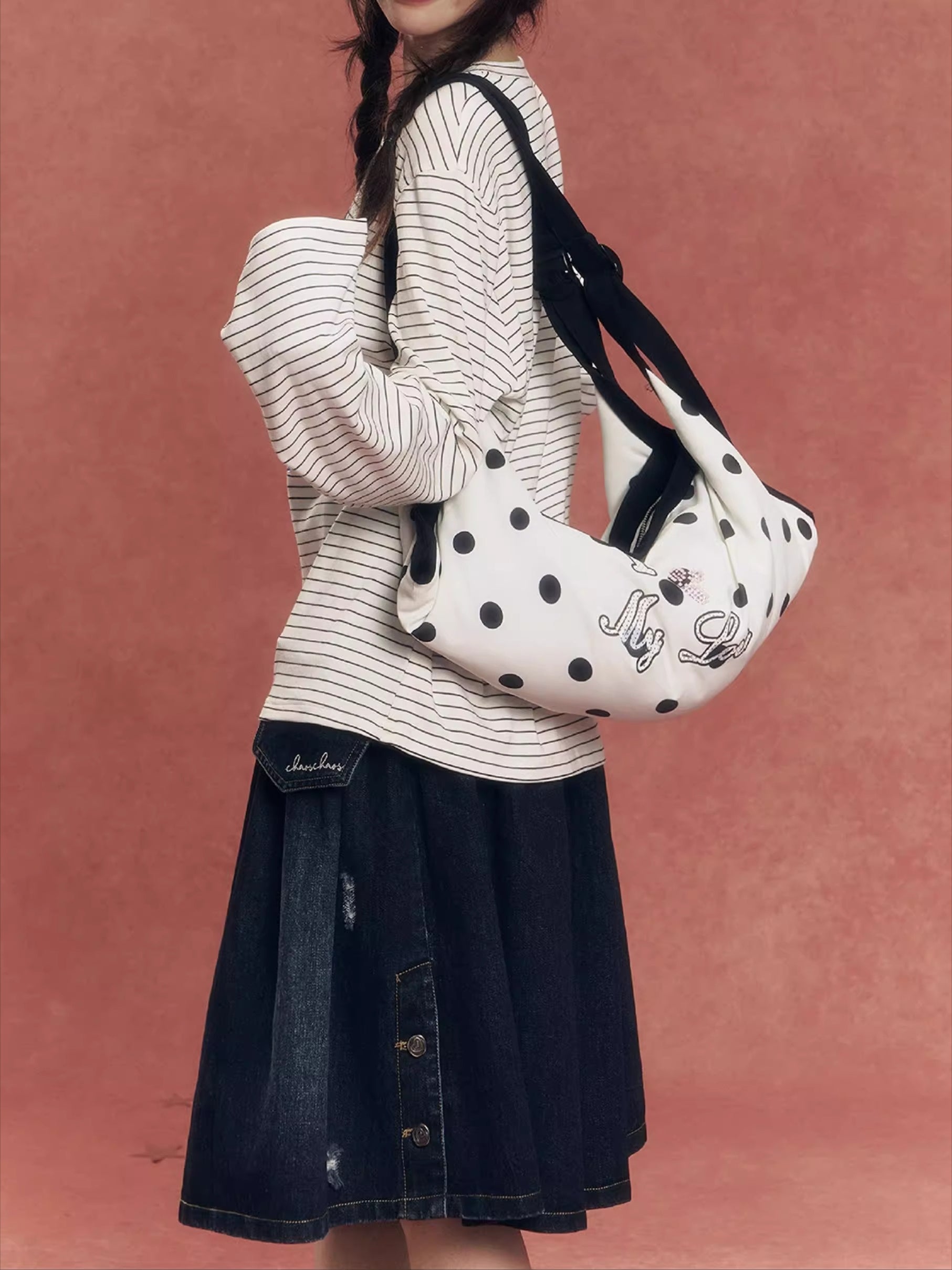 Plaid Polka Dot Rhinestone Pillow Bag