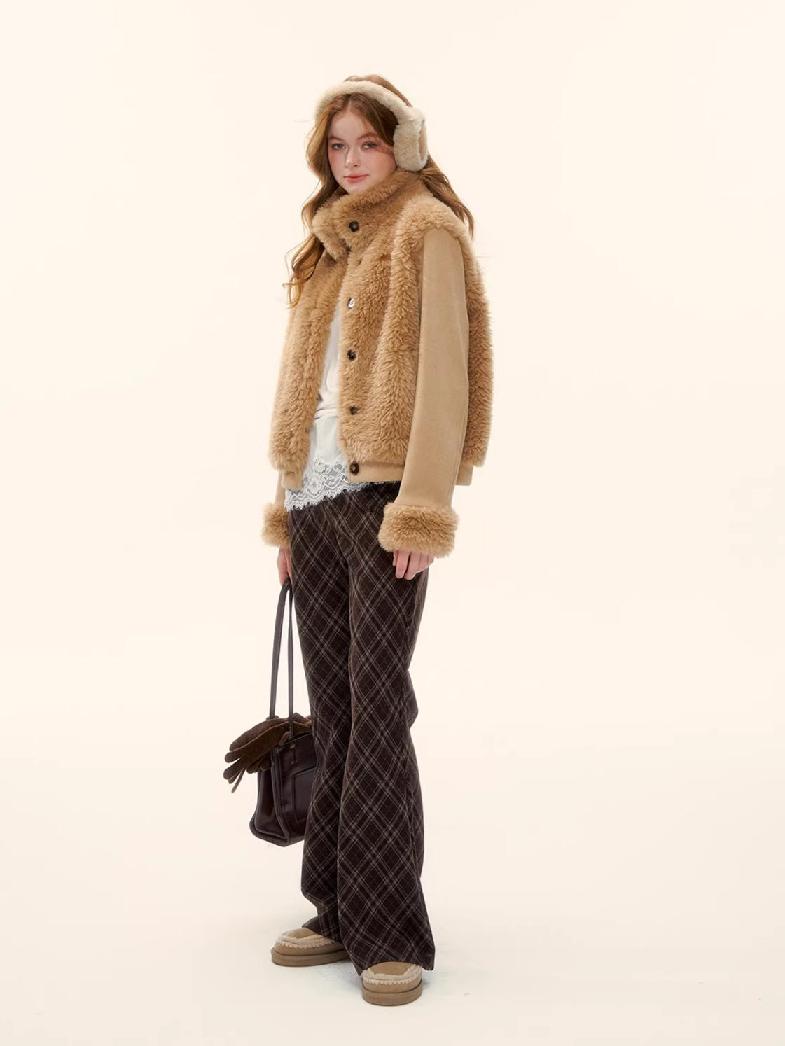 Eco-Faux Fur Knit Stand Collar Jacket