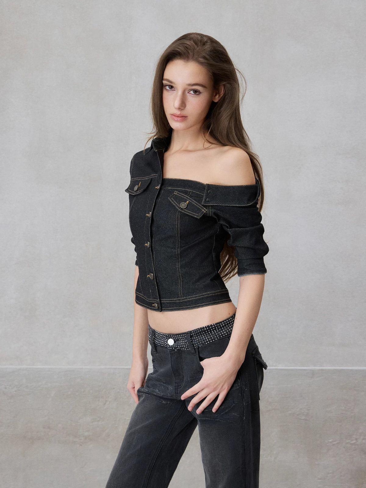 Asymmetric Denim Shirt Set