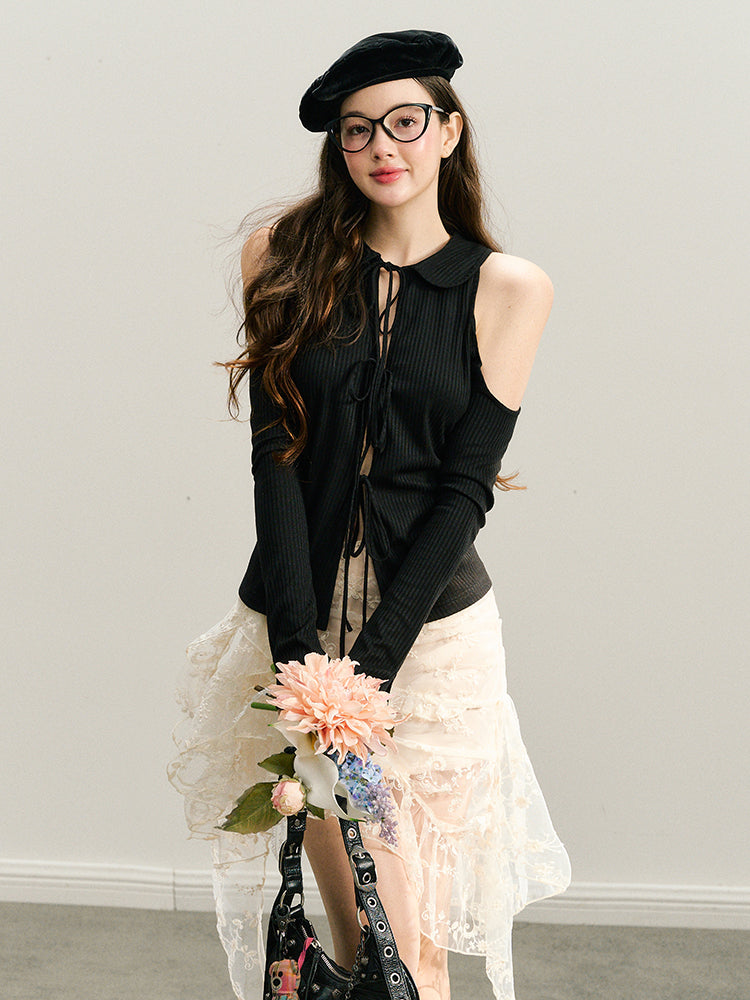 Black & White Off-Shoulder Tie-Back Knit Cardigan