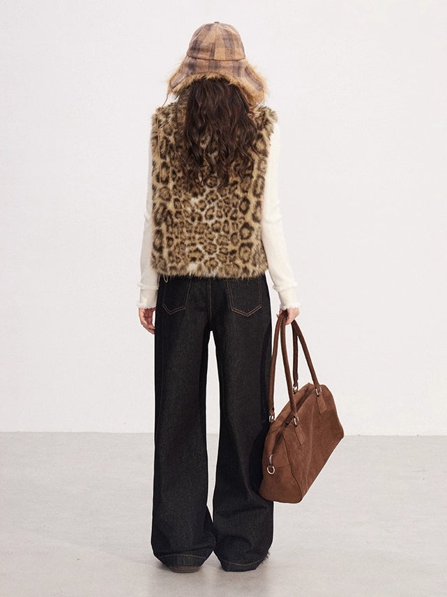 Leopard Print Spliced Faux Fur Vest