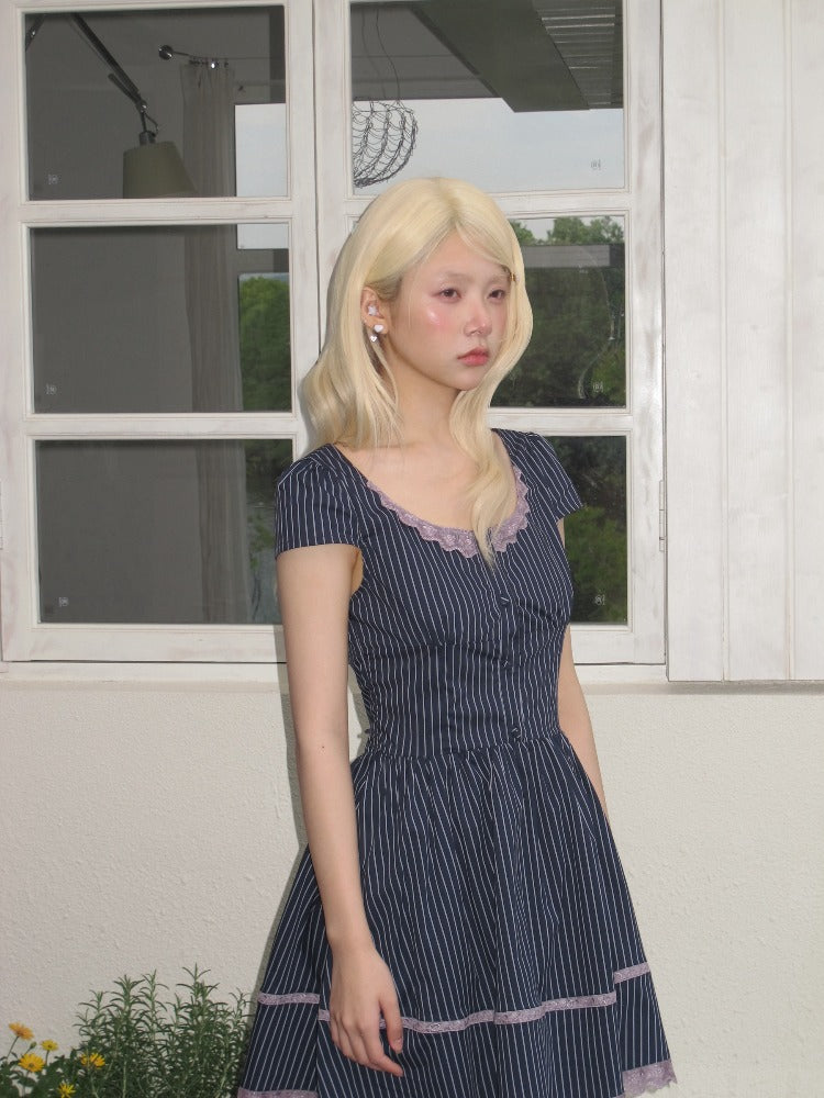 Striped Puff Sleeve A-Line Dress