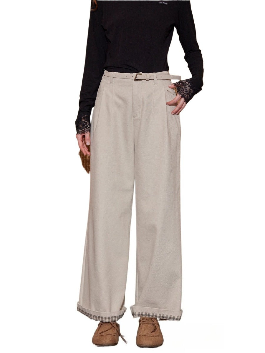 Plaid Cuff Wide-Leg Pants