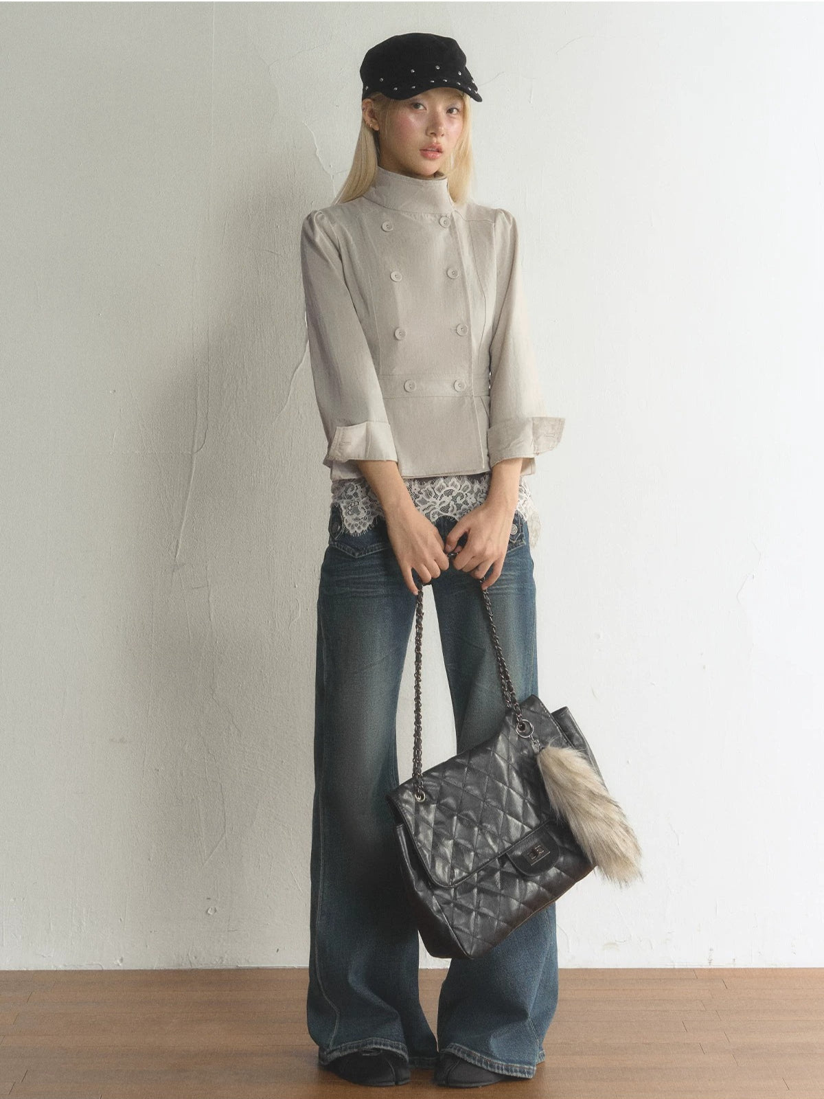 Vintage Stand Collar Peplum Jacket