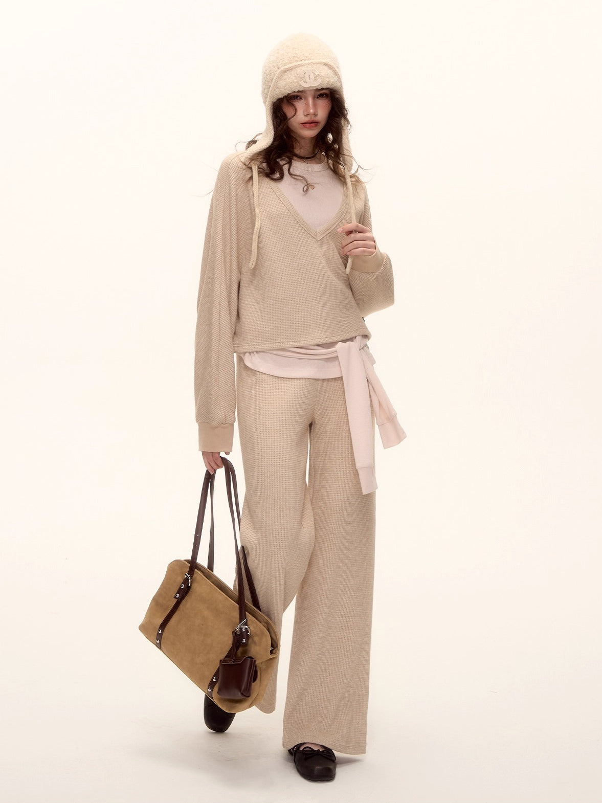 Waffle Knit V-Neck Pullover & Tie Vest Set with Wide-Leg Pants