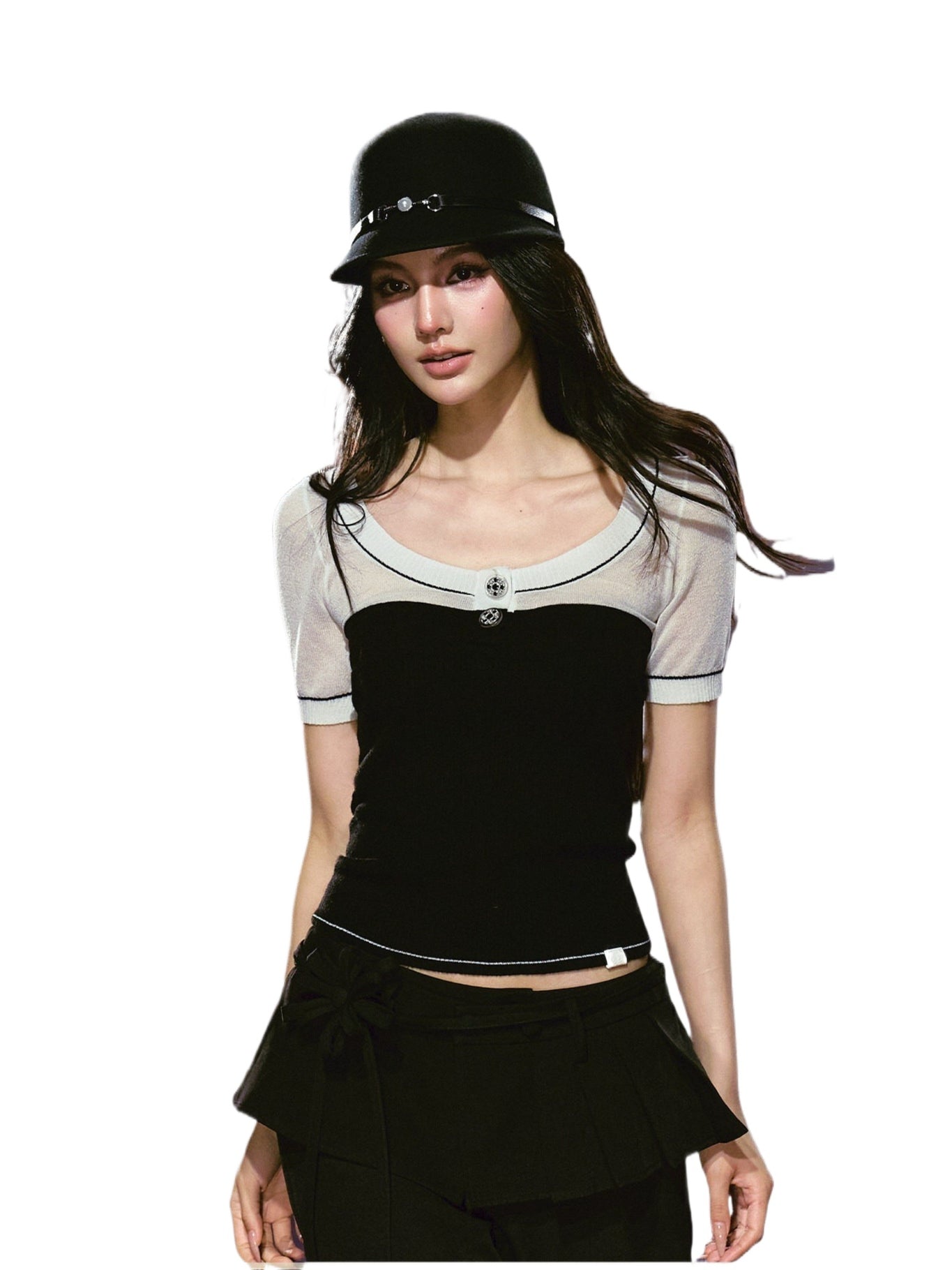 Contrast Sheer U-neck Tee