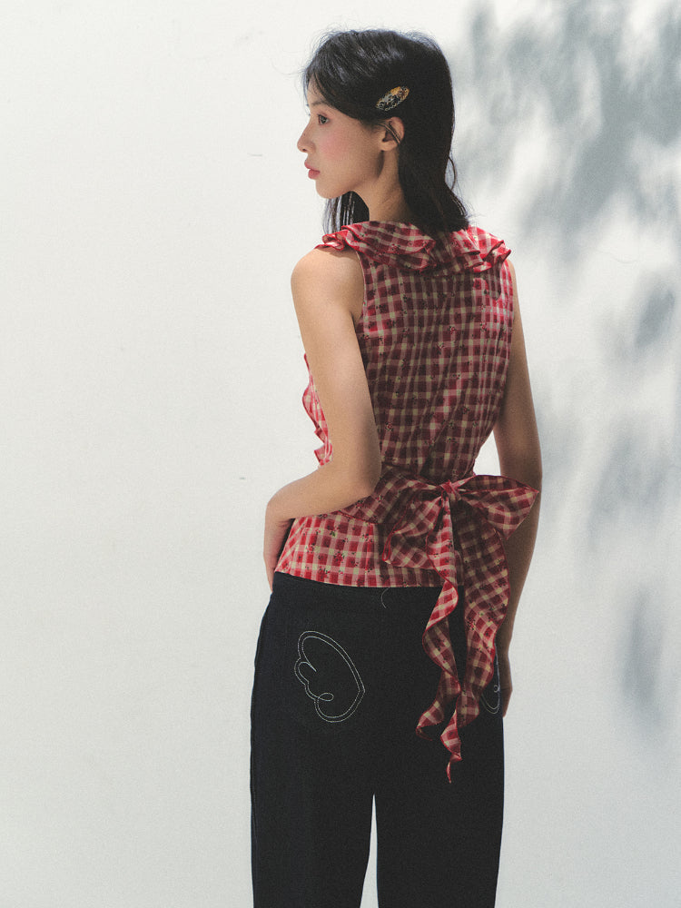 Sleeveless Checkered Top Vest