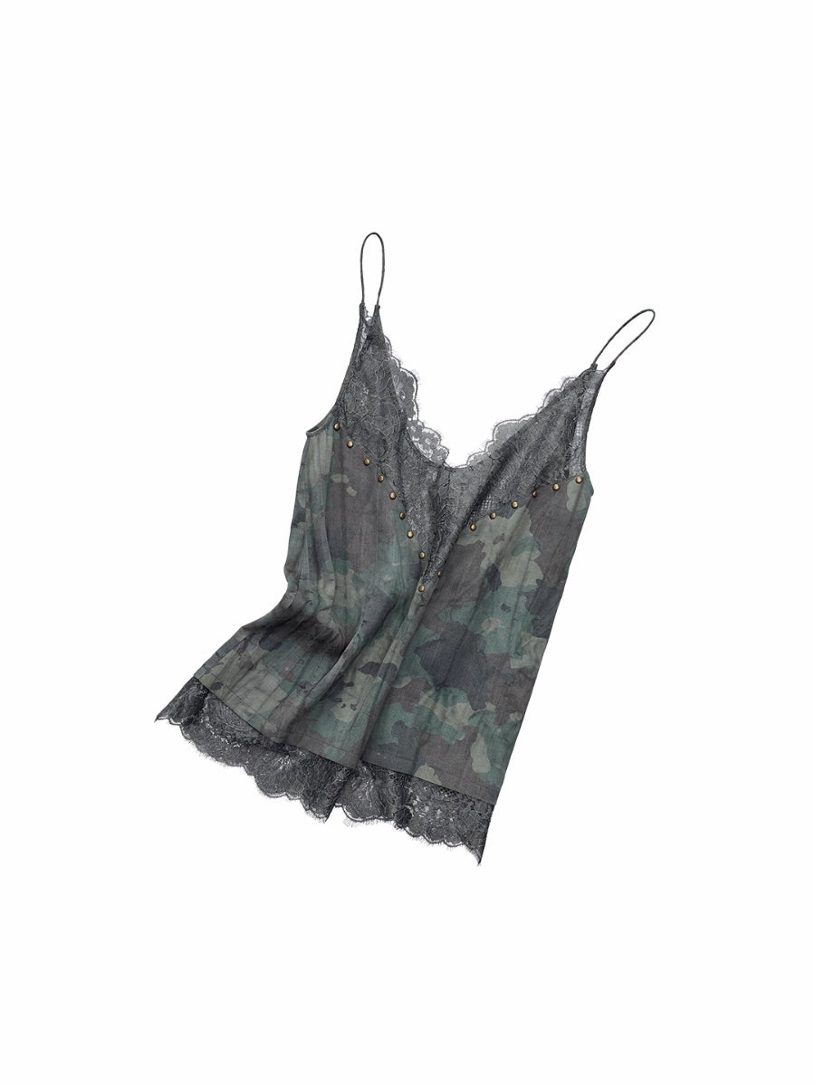 Camouflage V-Neck Lace Rhinestone Cami Top