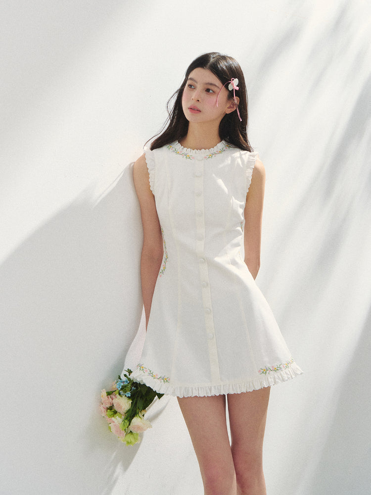 Embroidered Floral Waist-Tie Dress