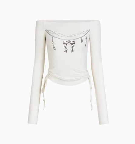 Black & Cream One-shoulder Pearl Chain Printed Blouse