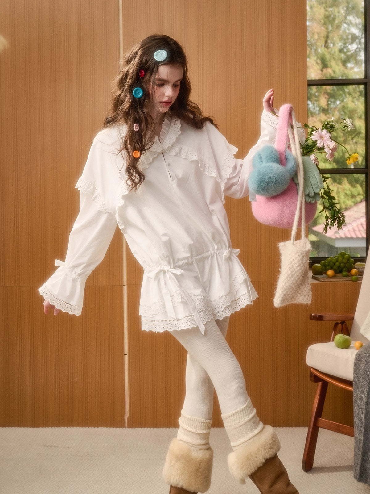 Embroidered Lace-Trim Cotton Dress