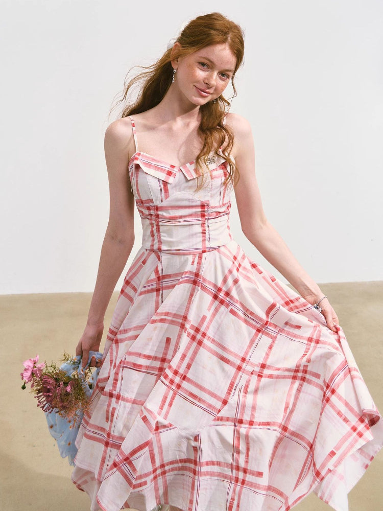 Plaid Irregular Waist-Cinching Spaghetti Strap Dress