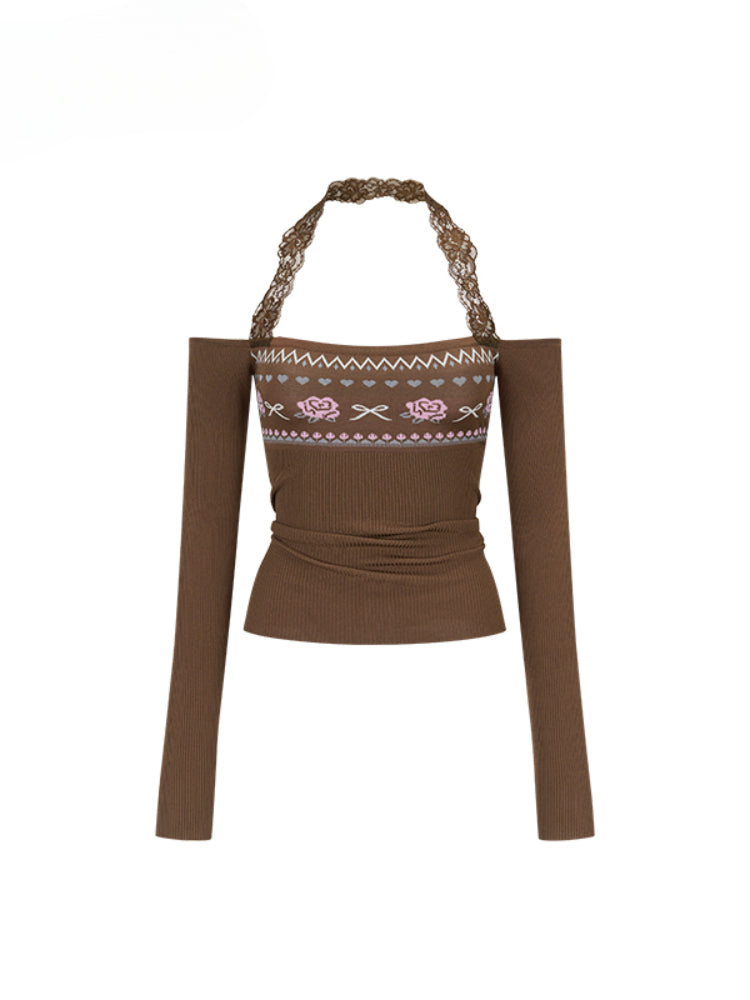 Lace Halter Two-way One-shoulder Sweater