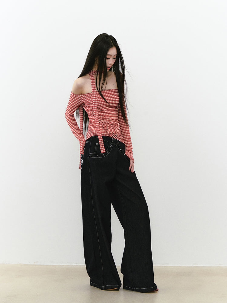 Irregular Waist Original Color Wide-Leg Denim Pants