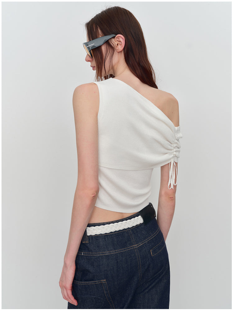 Asymmetric Drawstring Ruched One-Shoulder Tank Top