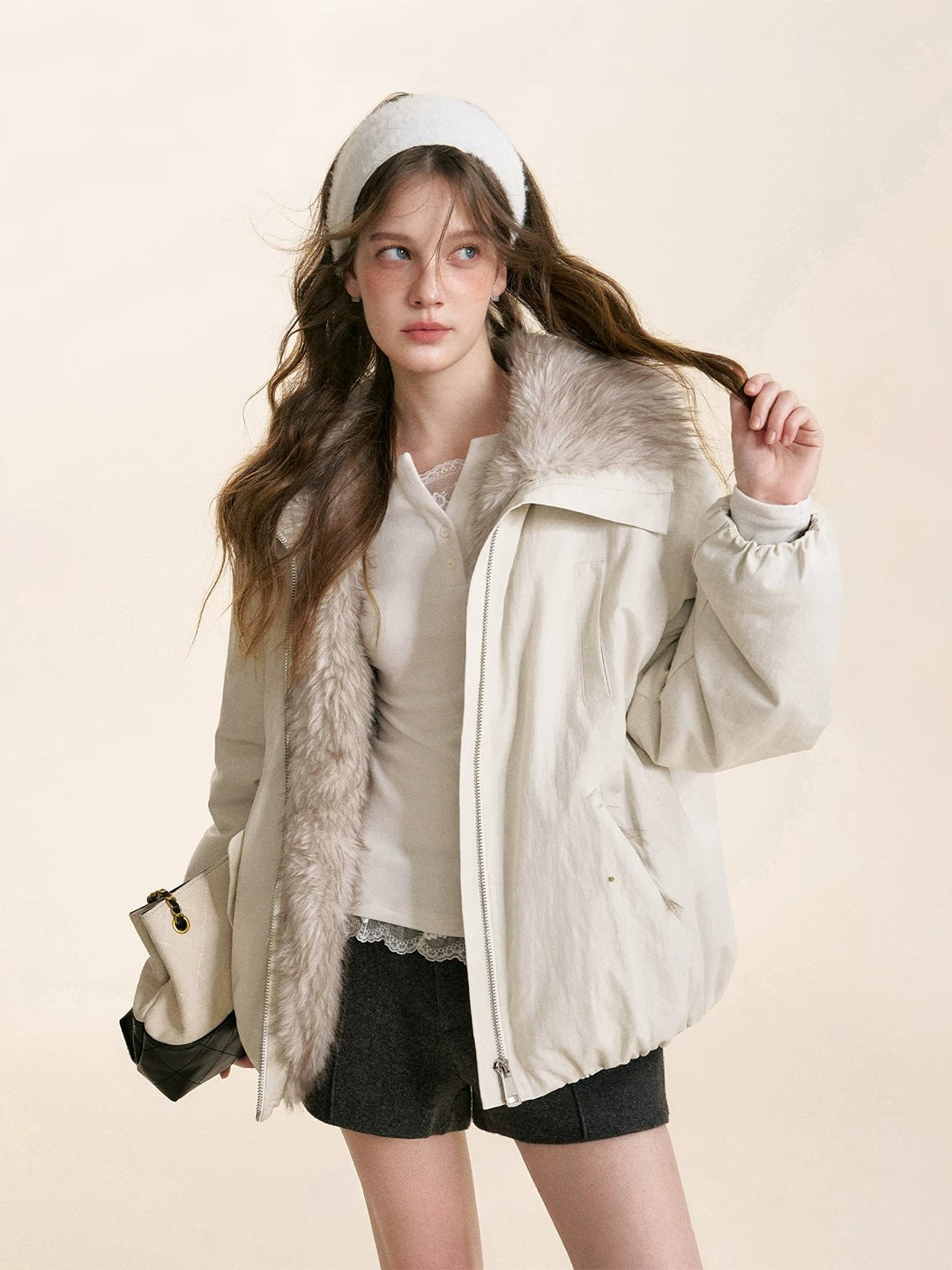 Brown & White Fur Collar Parka Jacket