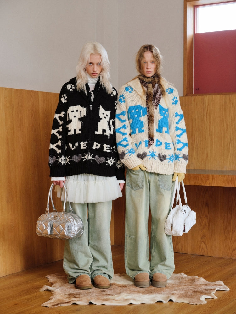 Vintage Jacquard Chunky Knit Cardigan