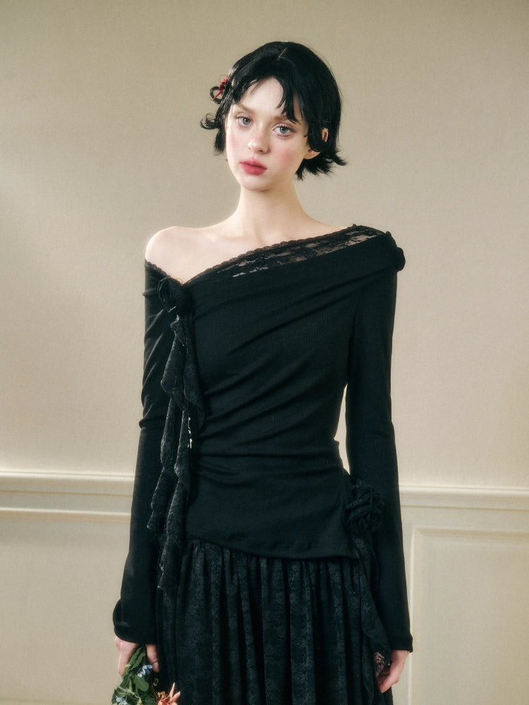 Lace Floral Asymmetrical Off-Shoulder Top & Skirt Set