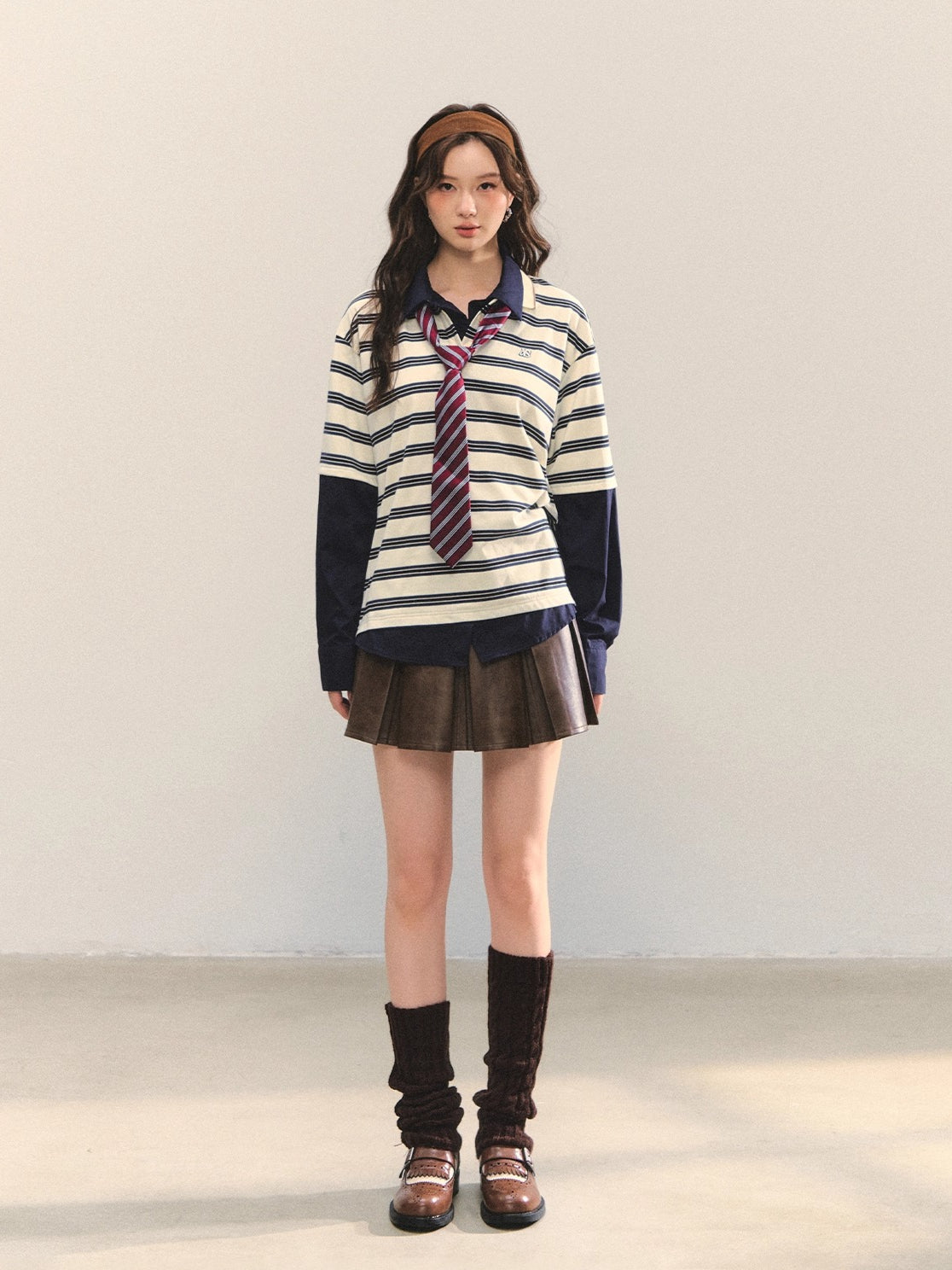 Brown A-Line Belted Pleated PU Leather Skirt