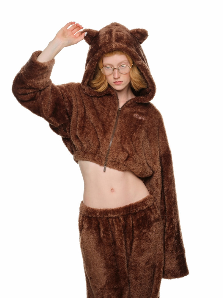 White & Brown Cat-Ear Hoodie Set