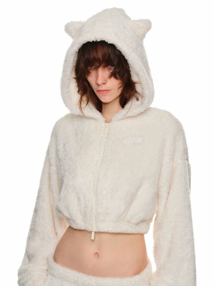 White & Brown Cat-Ear Hoodie Set