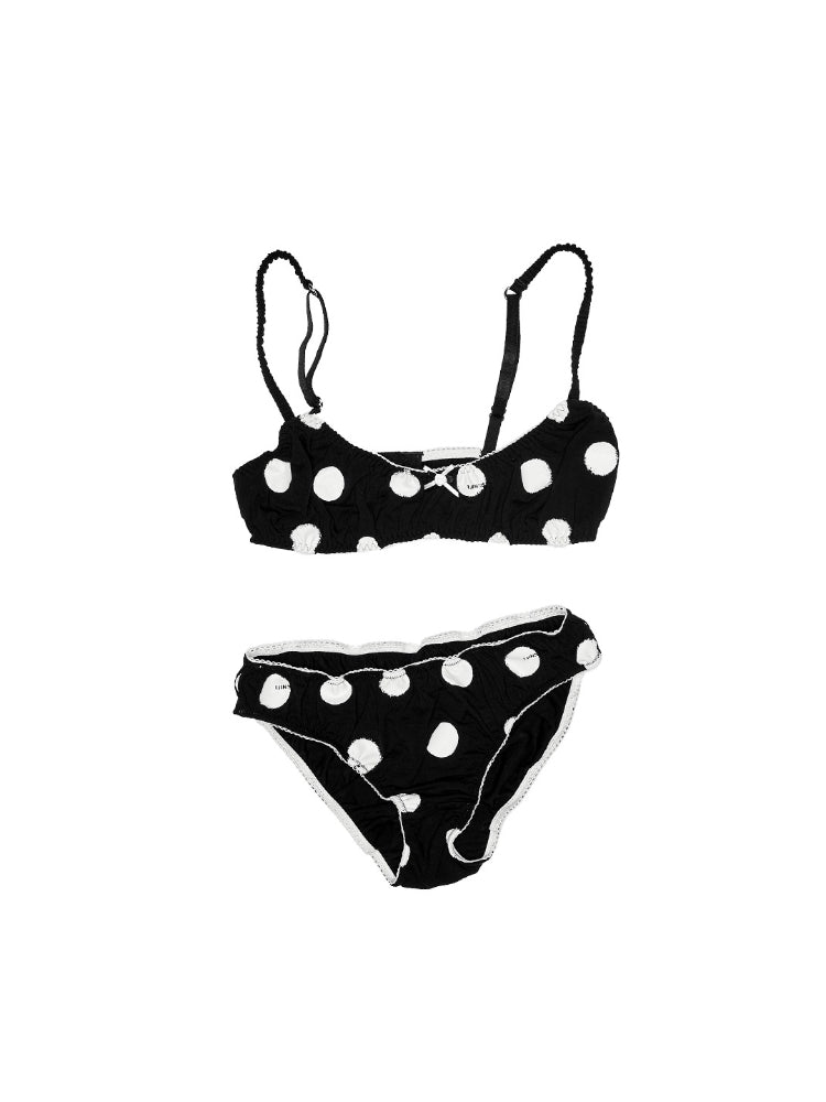 Contrast Polka Dot Lace-Trim Wireless Bra Two-Piece Set