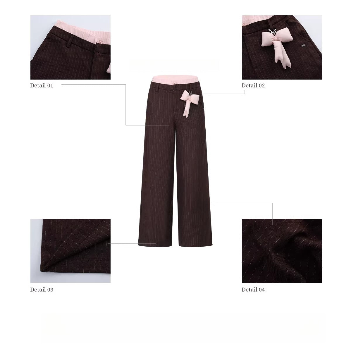 Brown Double-Waist Stripe Wide-Leg Pants