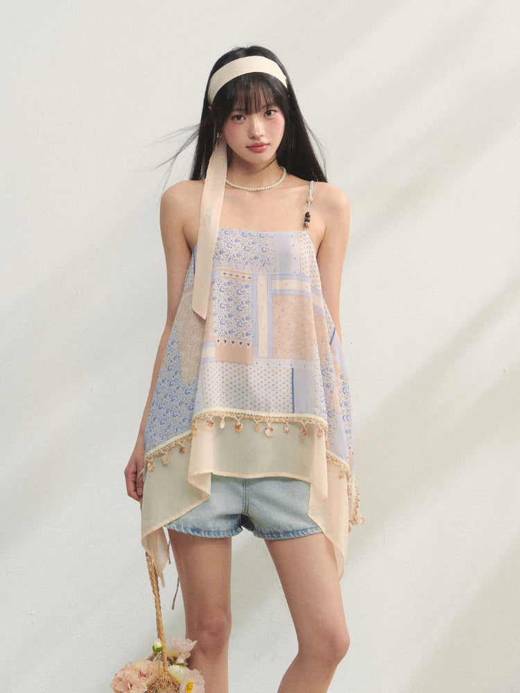 Irregular Beaded Strappy Printed Slip Dress
