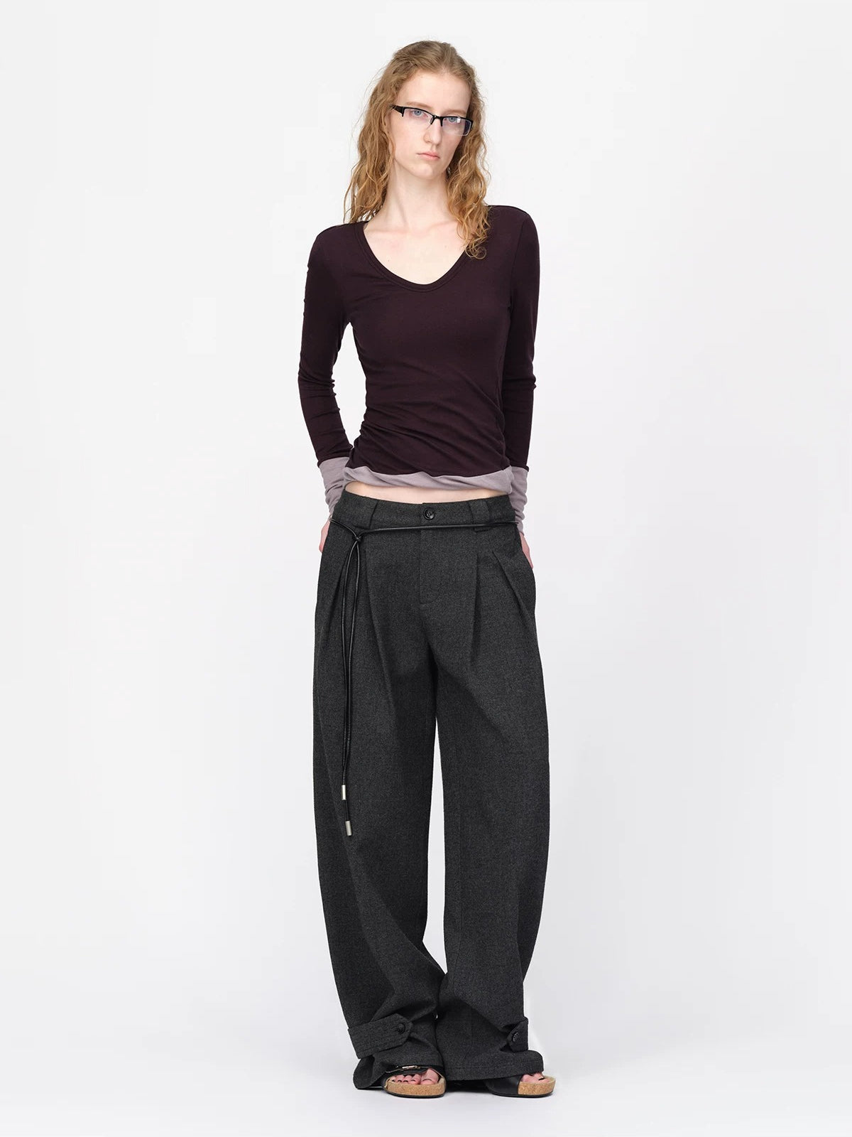Wool Contrast V Neck Ruched Top