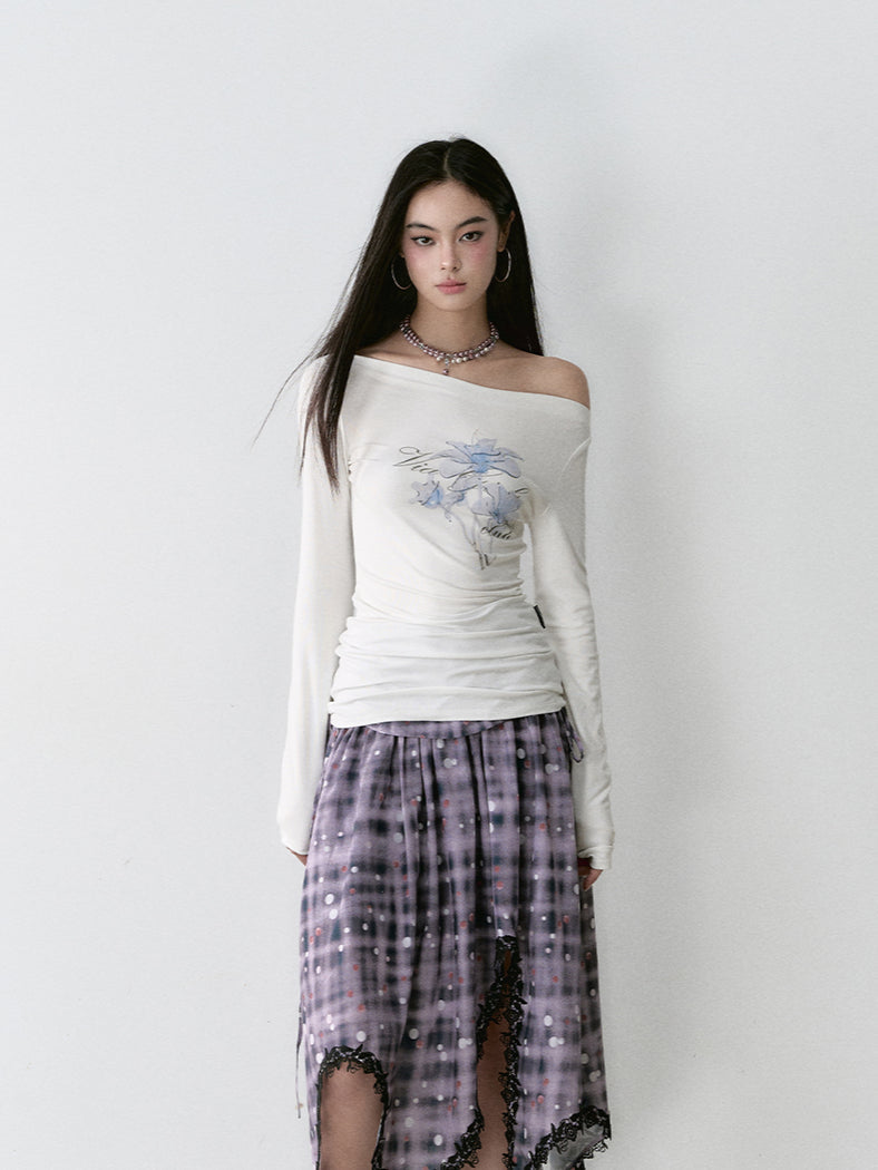 White & Navy Off-Shoulder Printed Blouse