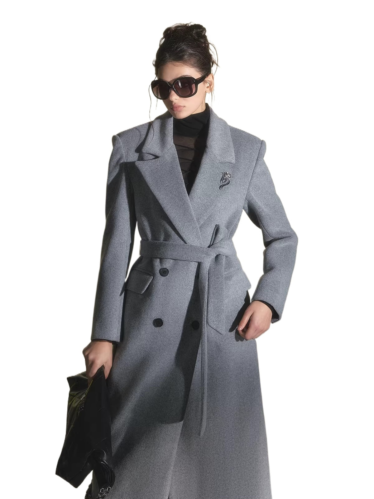 Grey Belted Oversized Wool Coat