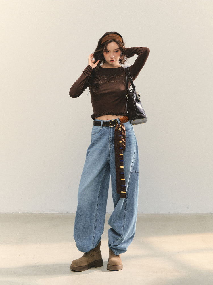 Ruffle Hem and Printed Splicing Cropped T-Shirts