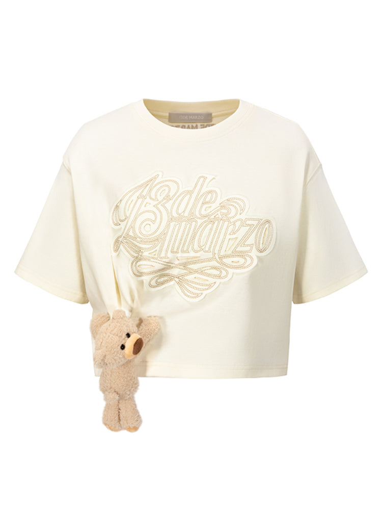Applique Embroidery Gathered Short-Sleeve T-Shirt