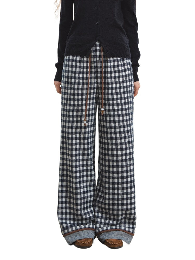 Blue Checkered Cuffed Wide-Leg Pants