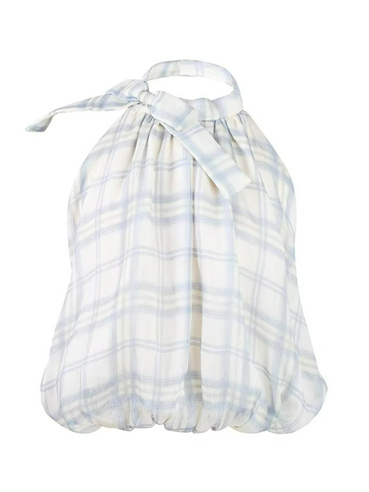 Blue Check Backless Bow Peplum Camisole Top