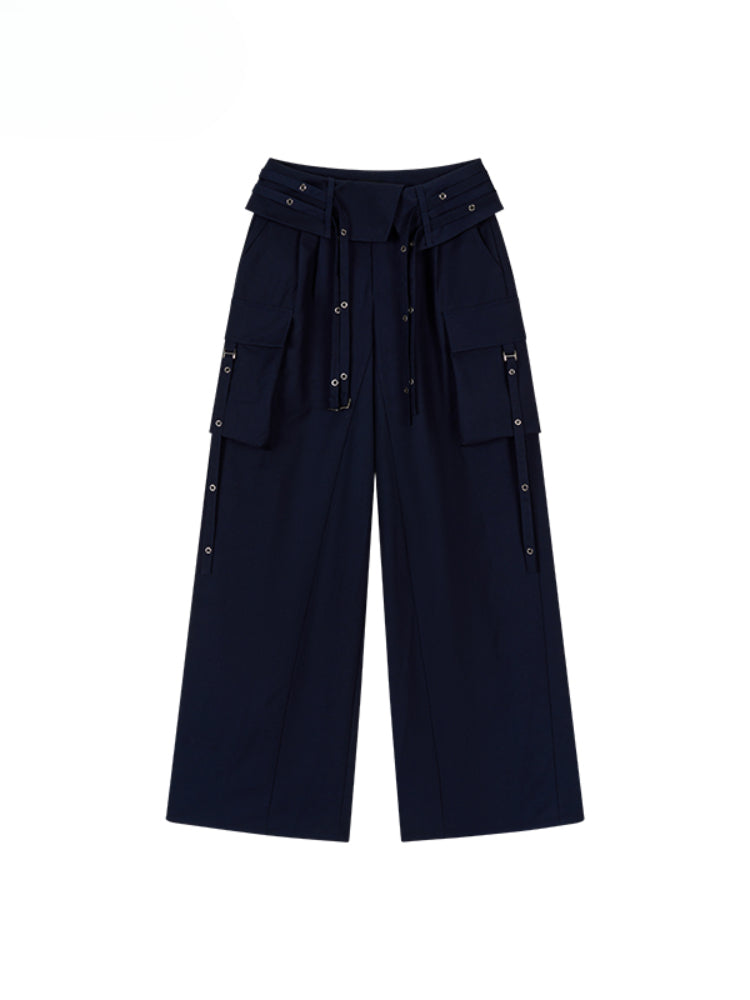 Folded Waist Three-Dimensional Pocket Casual Pants