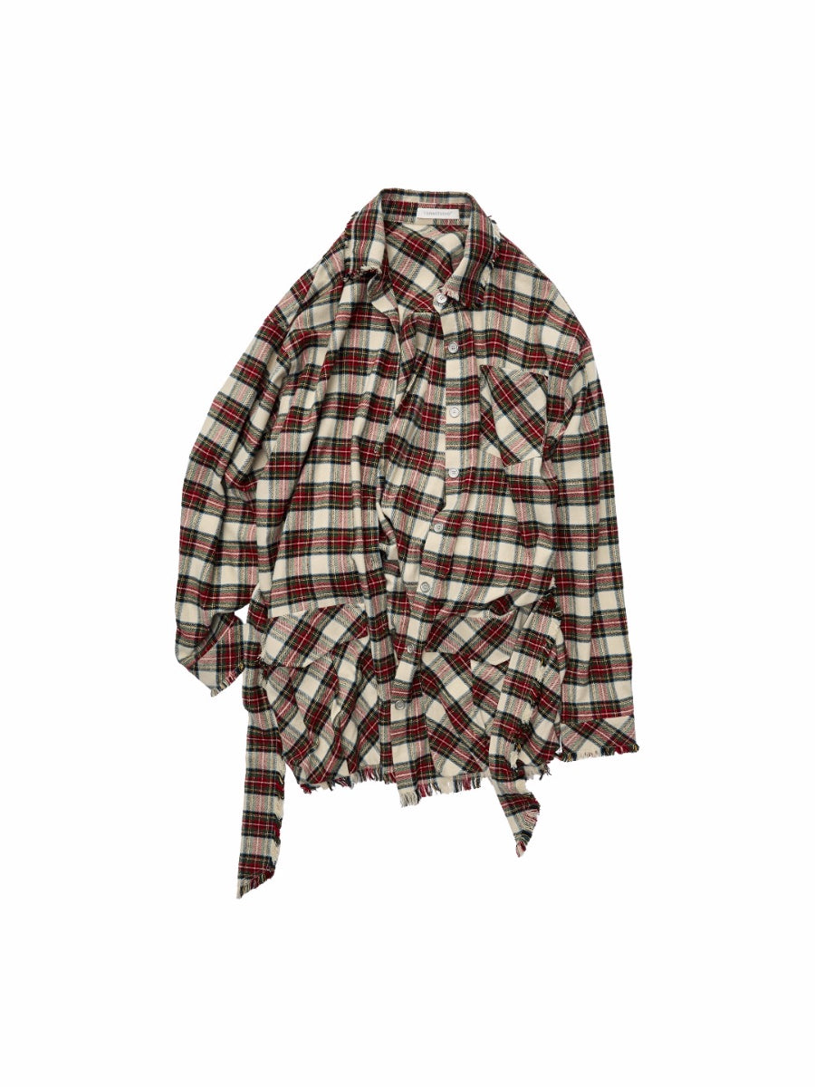 Vintage Red Plaid Frayed-Edge Utility Shirt Dress