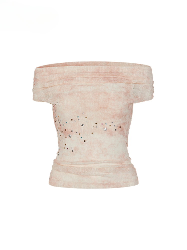 Colorful Rhinestone One-Shoulder Top T-shirt