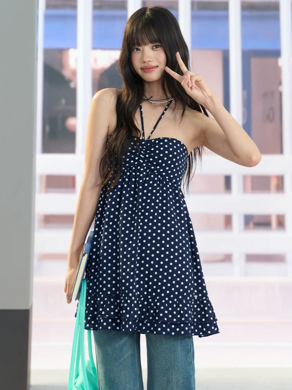 Navy Blue Polka Dot Halter Dress