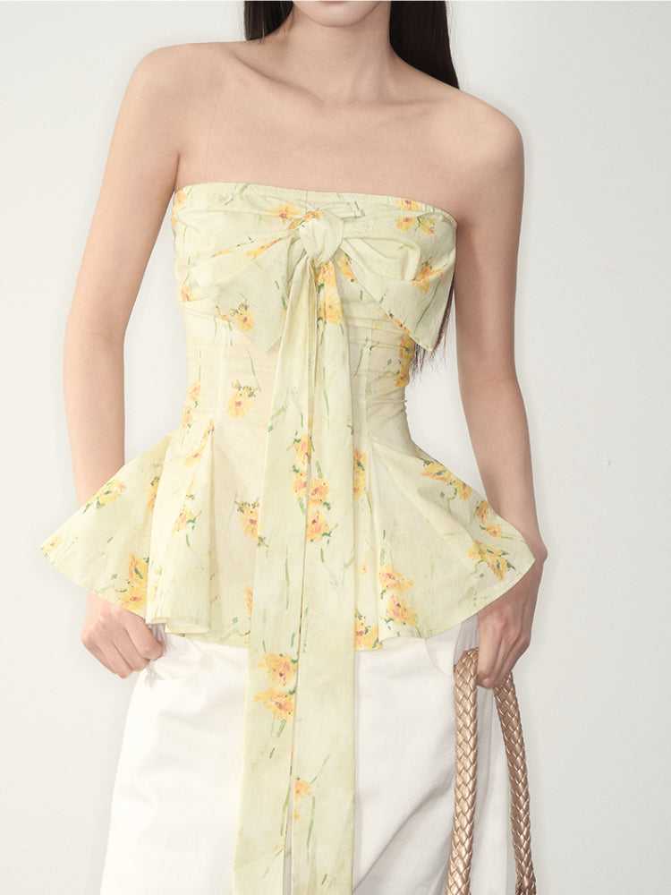 Yellow Floral Elastic Bow - adorned Strapless Top